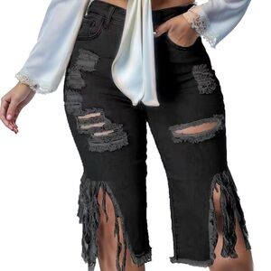 Black Denim distress knee length shorts